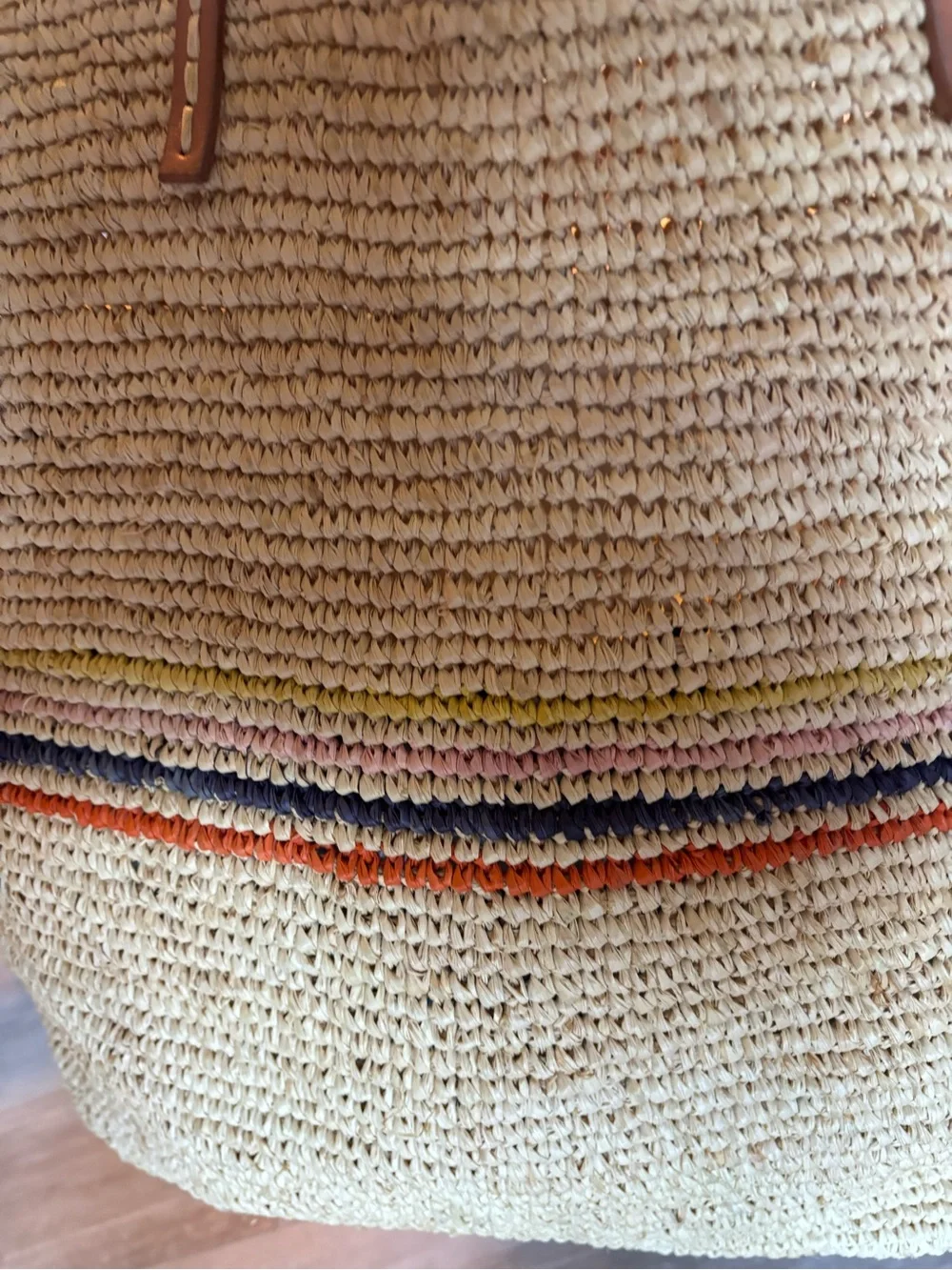 Hat Attack Raffia Straw Tote Multicolor Stripe Leather Handles Boho Beach Bag